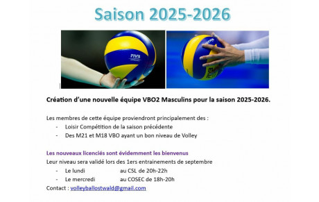 Création d’une nouvelle équipe VBO2 Masculins pour la saison 2025-2026